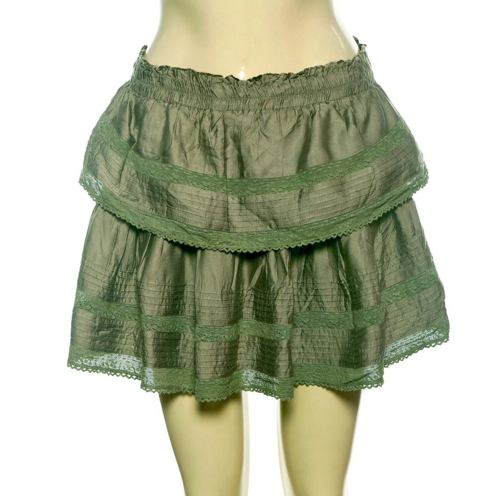 LoveShackFancy Ruffle Mini Skirt Forest Oak Green M 8 Women's Casual NEW 45648 - Picture 3 of 6